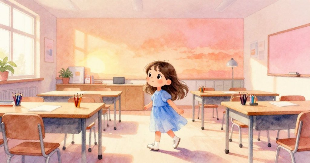 小莉走進充滿柔和光線的現代教室，空氣中散發新紙氣味，整個環境既平靜又充滿探索前的期待。