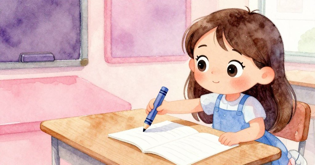 小莉在桌邊彎腰取藍蠟筆，眼神專注而充滿好奇，背景隱約顯示整齊排列的文具，展現學習時刻。