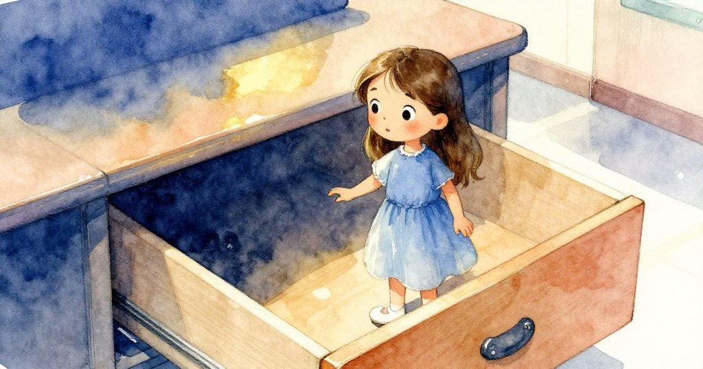 從抽屜內部視角看見小莉手觸碰抽屜邊緣，細節豐富的木紋與微光營造出神秘又期待的探索氛圍。