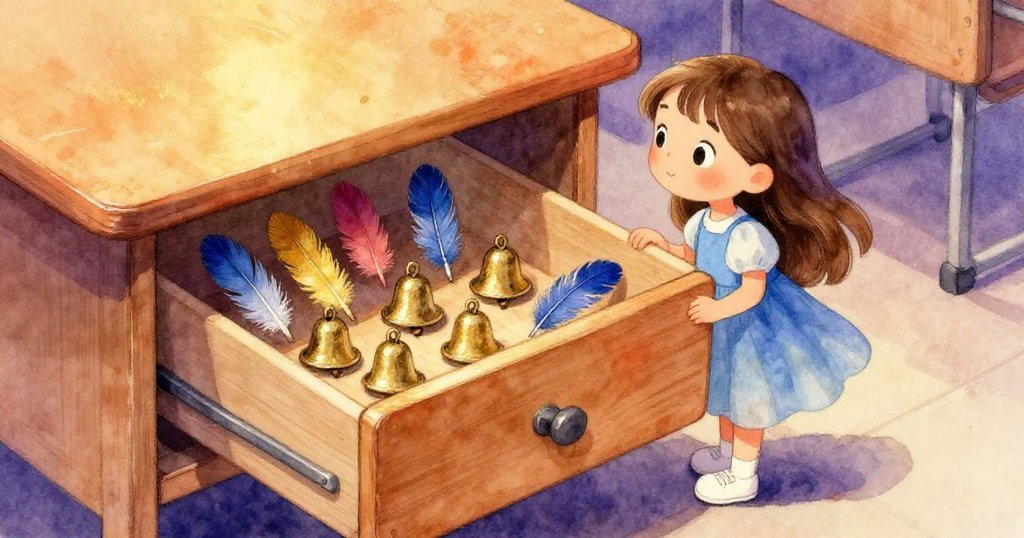 在抽屜內部展示出七個小鈴鐺與四片明亮羽毛，小莉輕輕拉動抽屜展現發現秘密的驚喜與好奇。