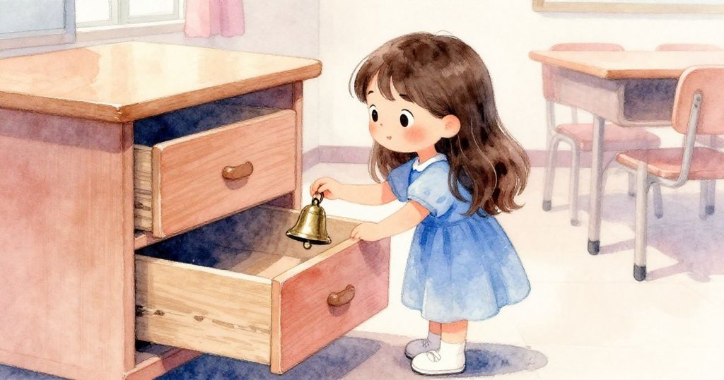 小莉小心拿起一個鈴鐺，臉上露出驚奇與猶豫，柔和光線中灰塵飄散，呈現選擇與決斷的瞬間。