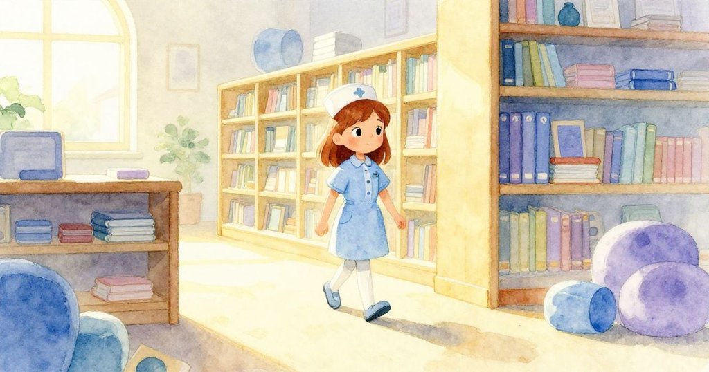 貝拉走進明亮圖書館,晨光透過窗灑落,她邊走邊觀察散落厚書,臉上充滿期待與好奇。