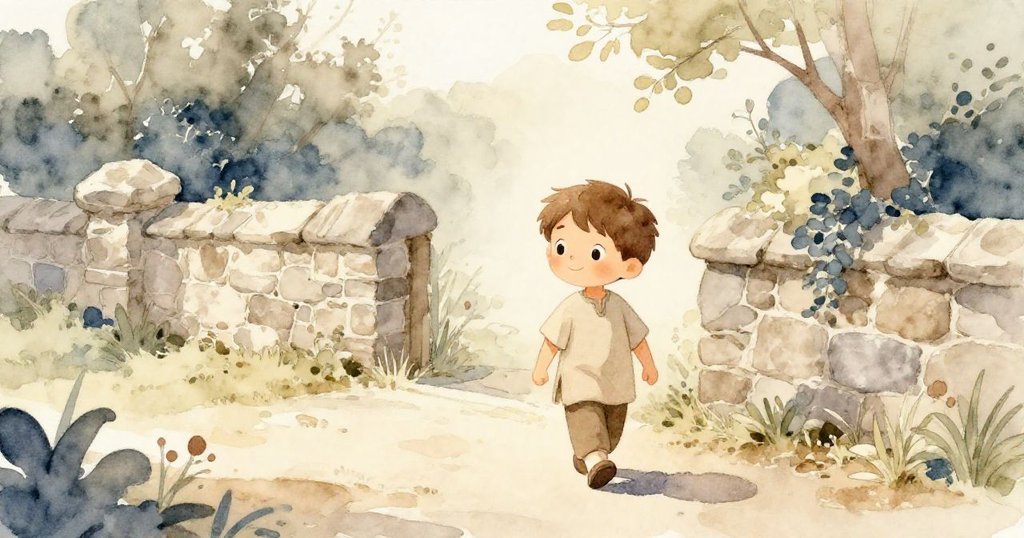 米洛在溫暖的花園小徑上漫步，靠近石牆，表情平靜，展現故事開始的寧靜氛圍。