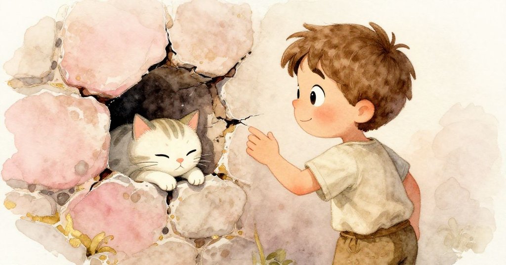 米洛仔細檢視牆上的裂縫，裡面睡著一隻小貓，動作專注且柔和，表情充滿好奇心，展現故事發展的早期發現。