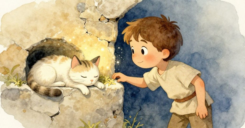 米洛傾斜著身體，通過牆上的裂縫好奇地觀察熟睡的小貓，柔和光線中微小塵埃閃爍，表情充滿驚奇，呈現故事轉折點。