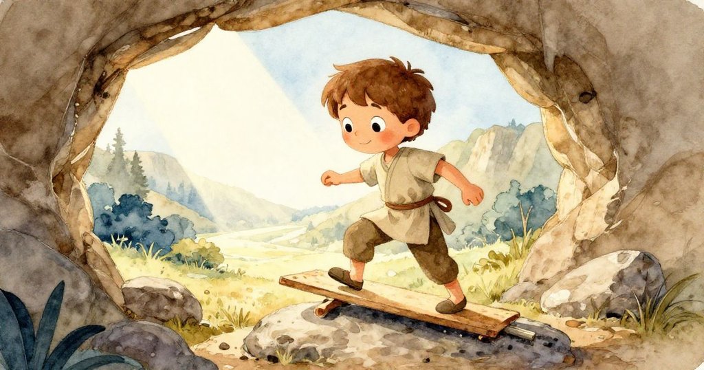 米洛踩在扁平石頭上，附近鬆動的木板發出輕響，透過寬闊的洞口射入明亮光線，展現了色彩繽紛的山谷，表情充滿驚奇。