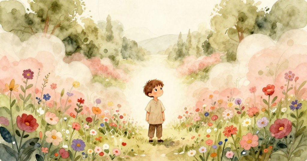 米洛站在洞口邊緣，凝視著下方波動著的花海和廣闊山谷，表情充滿感慨與期待，展現故事結尾時的告別情景。