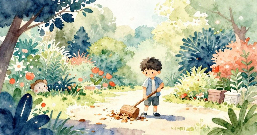 在寧靜花園中,Sam揮動掃帚掃落葉,陽光灑滿步道,動作專注展現清晨平和氛圍。