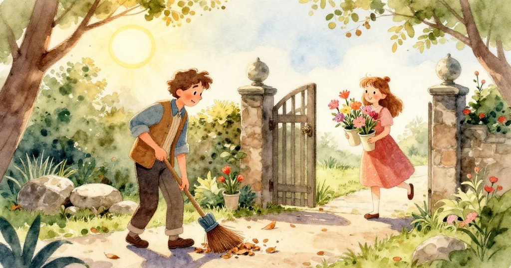 近距離呈現花園小徑上乾葉隨意滑向低石,掃帚掉落於地,細膩光影展現早晨質感。