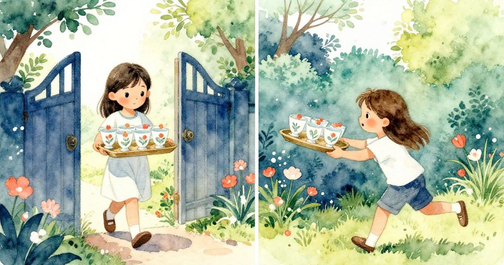 分鏡場景中,Lily捧著花杯踏入大門,同時Sam急步上前穩托盤,陽光下花園充滿動感與溫暖。