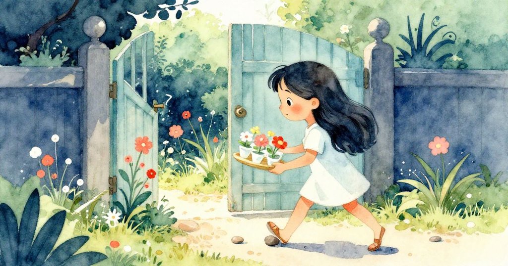 Lily因絆到小卵石使花杯跡微傾,驚訝之情溢於言表,背景隱現秘密花園角落,充滿柔光氣氛。