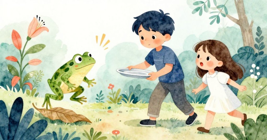 在動感場景中,綠蛙躍出乾葉,Lily驚恐快失手,Sam急忙接住托盤,花園中陽光聚焦出緊張氣氛。