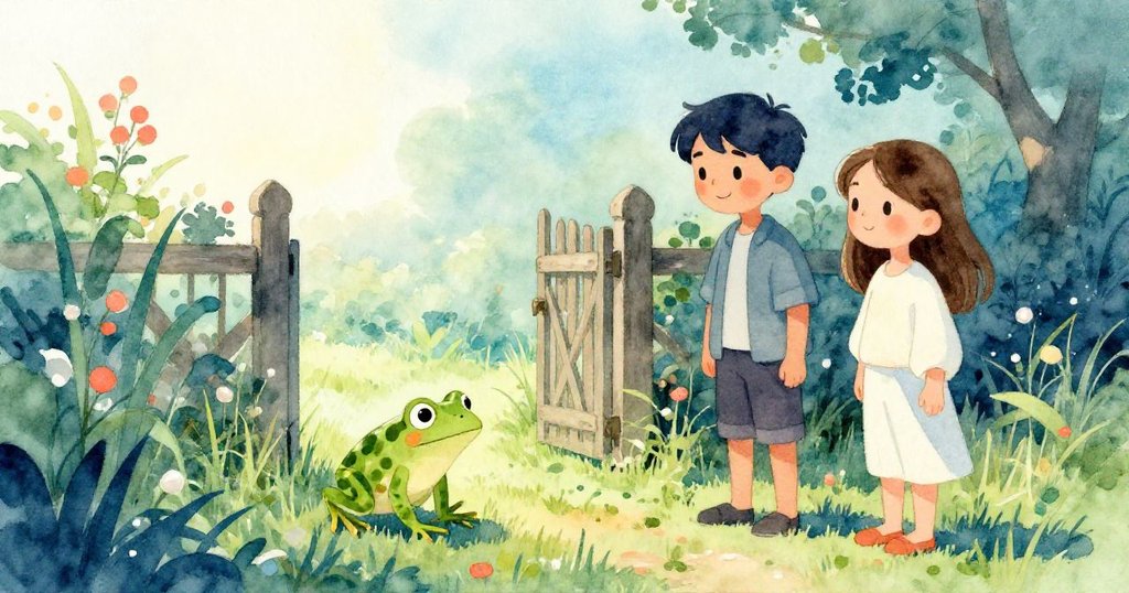 在寬廣花園中,蛙兒跳入高草,大門敞開,Sam與Lily露出安心微笑,夕陽灑下溫馨落幕。