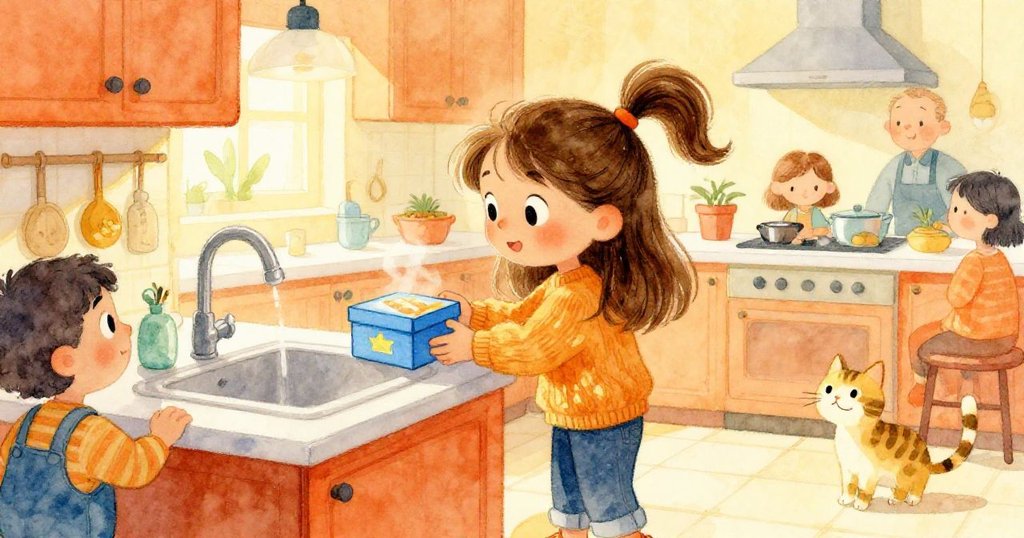 Lena在明亮廚房中好奇注視藍盒,周圍有家人和貓咪圍繞,溫馨氣氛中充滿活力與期待