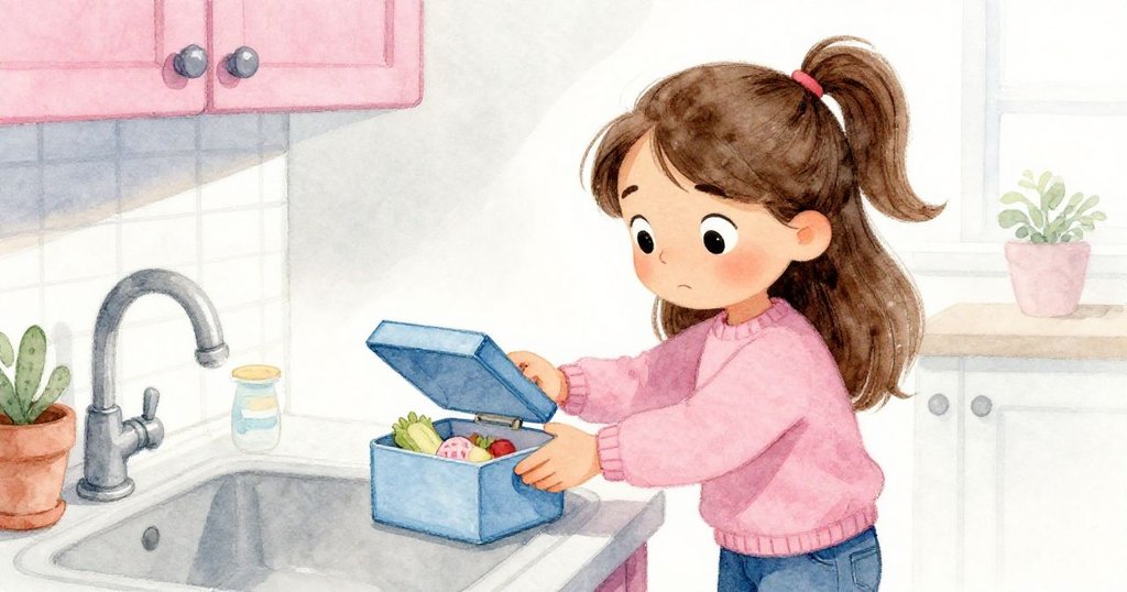 Lena在廚房水槽邊專注用力拉扯藍盒蓋,陽光灑下呈現細膩手部動作與決心神情