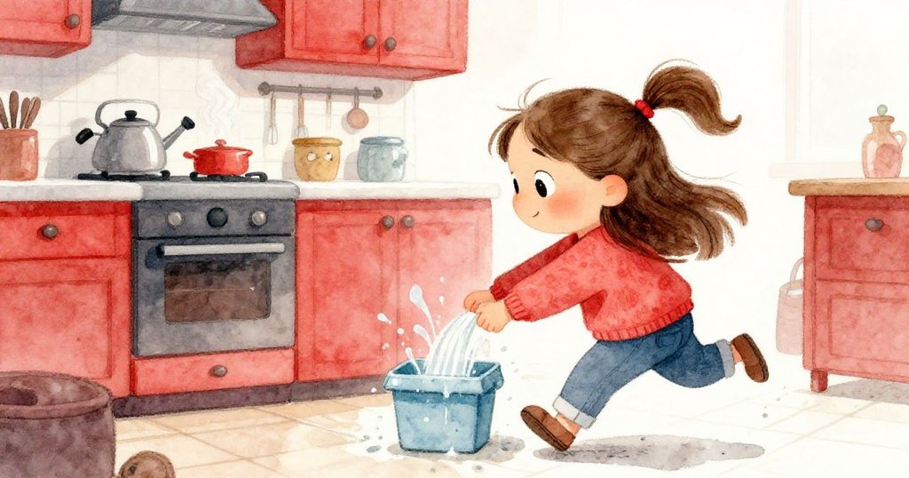 透過小貓視角看Lena在廚房裡用溫水處理藍盒,水蒸氣從水壺冒出,場景充滿溫馨細節