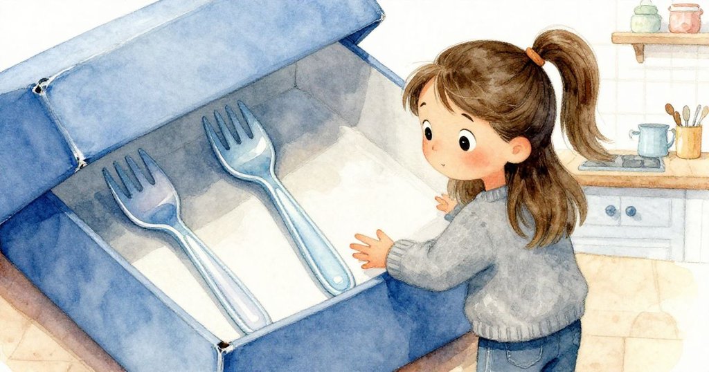 Lena專注打開藍盒,露出隱藏空間中兩把發亮塑料叉,廚房燈光下細膩呈現秘密瞬間