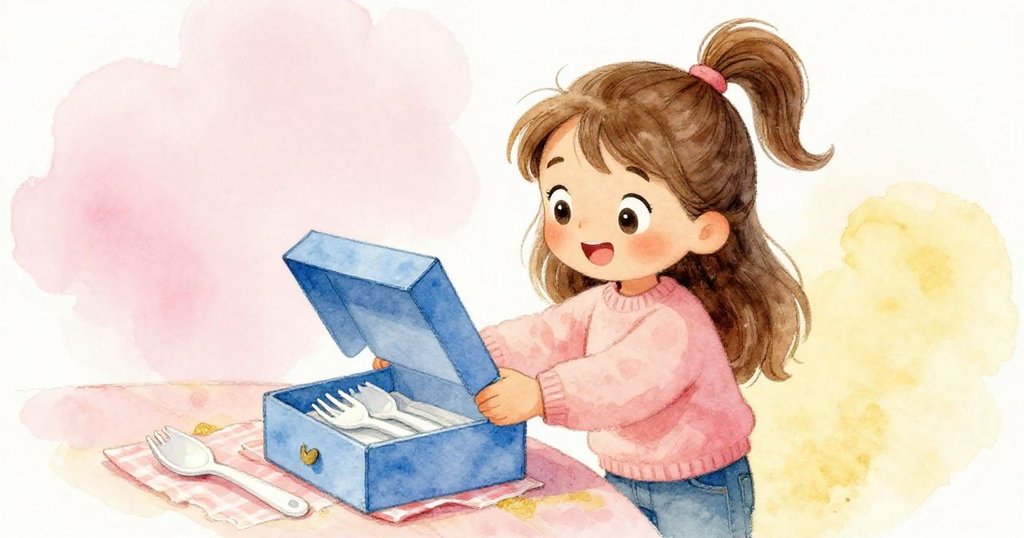 Lena臉上滿是驚喜與喜悅,細心揭開藍盒露出發亮的塑料叉,桌上還有一把湯匙,場景溫暖動人