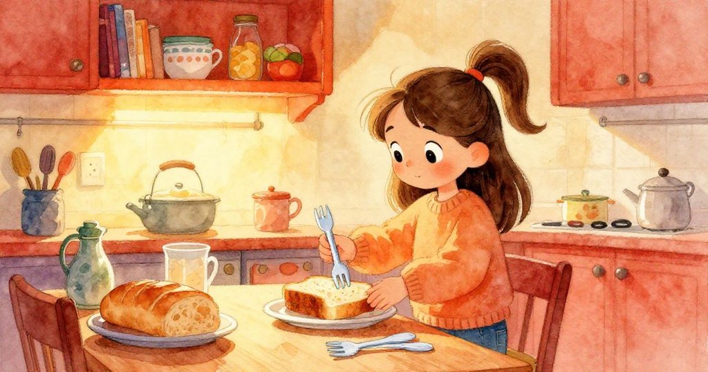 Lena準備學校午餐並把發現的塑料叉放好,夕陽柔光灑在廚房書架上,前方道路象徵新開始充滿希望