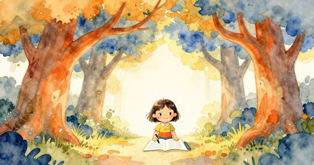 Mia在大樹下寫作業，樹枝宛如門框，陽光灑落草地，表情充滿夢想與期待，展現開篇冒險氣氛。