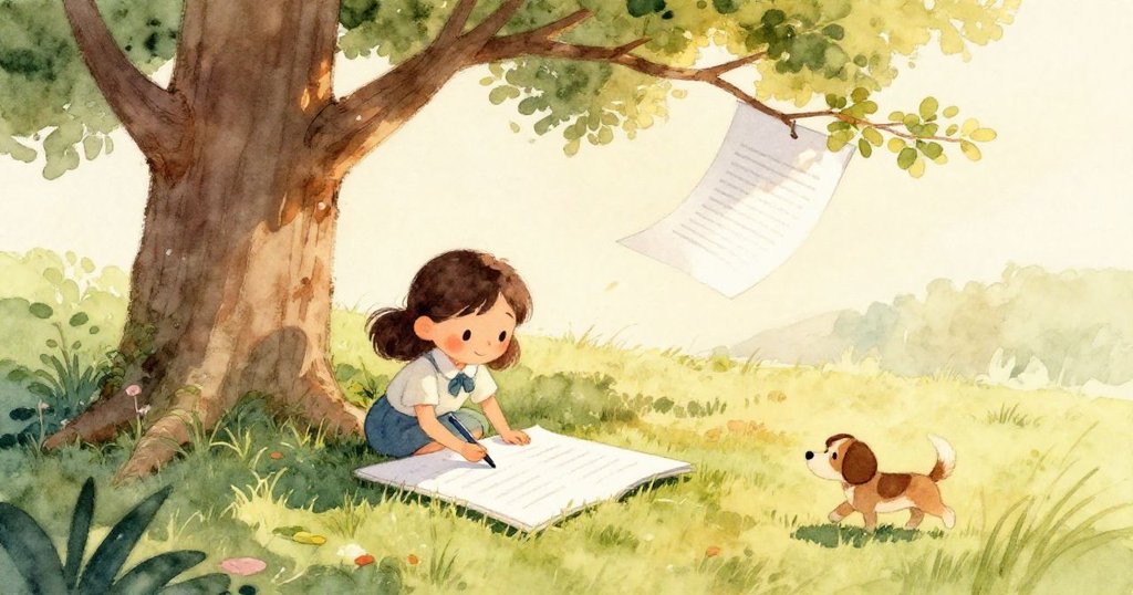 Mia的手握著鉛筆在白紙上書寫，細膩筆觸彰顯專注情感，背景隱約有草地與溫暖光影。