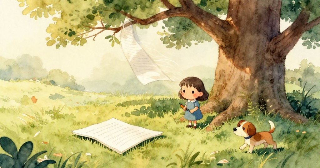 作業紙隨風滑行停於低樹枝下，旁有微光水澤映出倒影，展現靜謐夢幻瞬間與微妙變化。