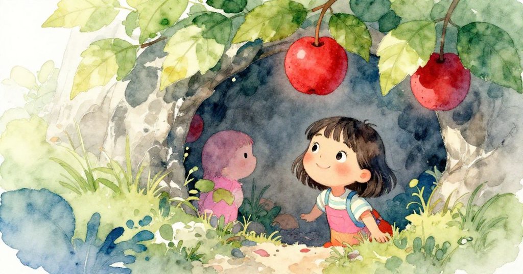 Mia在綠葉夾雜的秘密角落發現懸掛紅果實，神情好奇與期待，環境充滿童話神秘氣息。