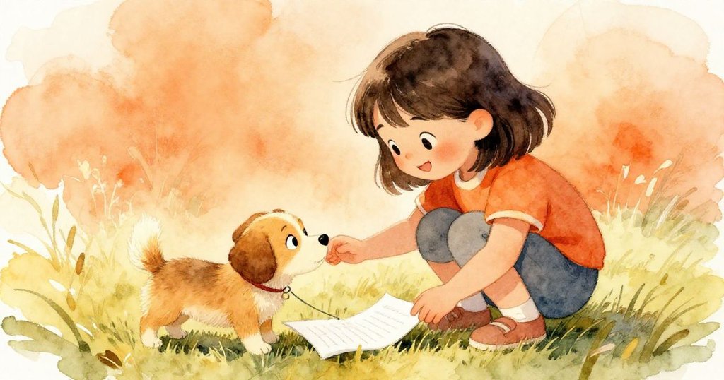 Mia蹲下撫摸小狗，小狗輕拉作業紙，草地上陽光斑駁，流露出溫馨互動與快樂情感。