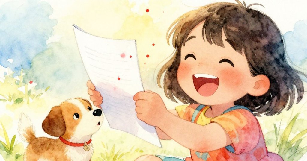 Mia笑著舉起帶紅點的作業紙，小狗在旁興奮搖尾巴，溫暖陽光與綠茵場景展現結局的幸福與重逢。