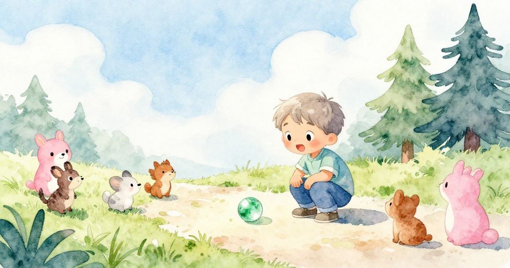 Leo蹲在陽光草地上觀察閃亮綠彈珠,周圍有好奇小動物,臉上流露出興奮與探索的情緒。