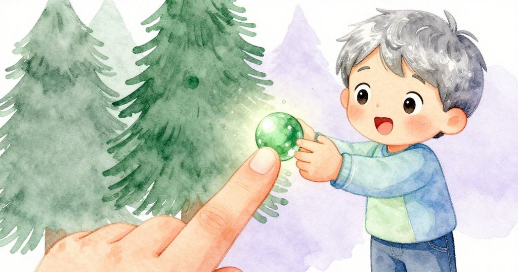 Leo用兩指輕托閃亮綠彈珠,彈珠散發柔和光芒,暗示著奇遇開始,背景隱約呈現自然景致。