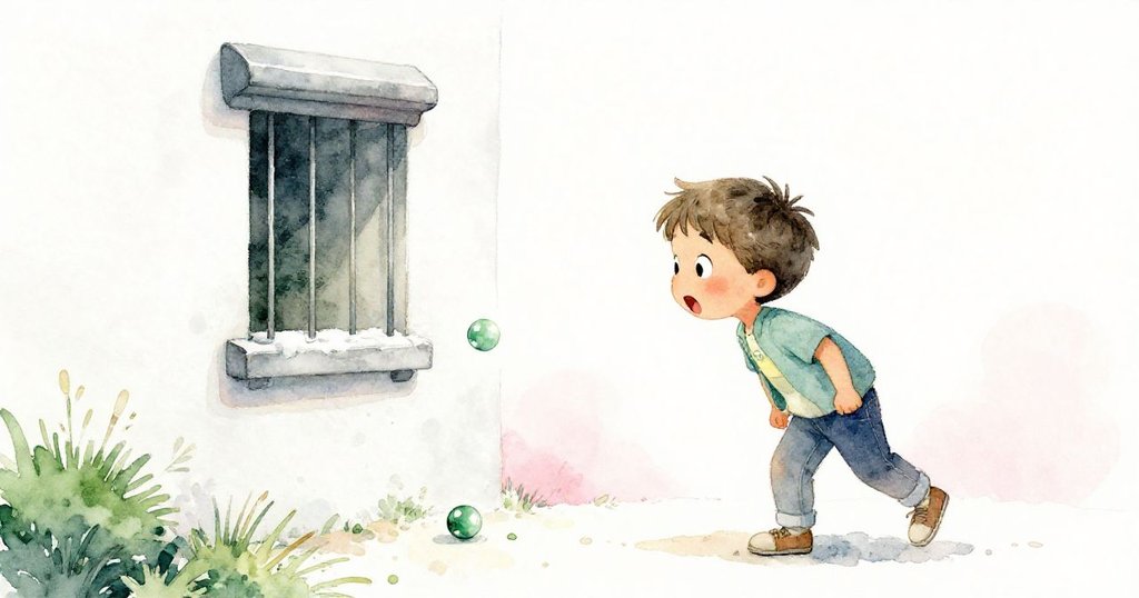 Leo驚訝俯身注視向下滾動的綠彈珠,排水孔上細欄猶如神秘窗口,展現他探索未知情緒。