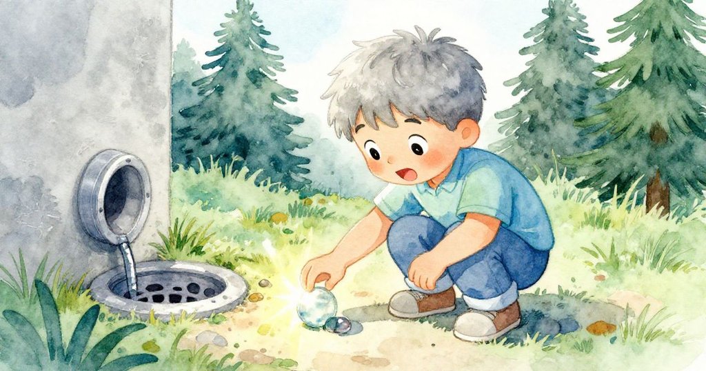 Leo在戶外排水孔旁迅速撿起兩顆彈珠,一顆明亮、一顆陰暗,動作迅捷且充滿希望。