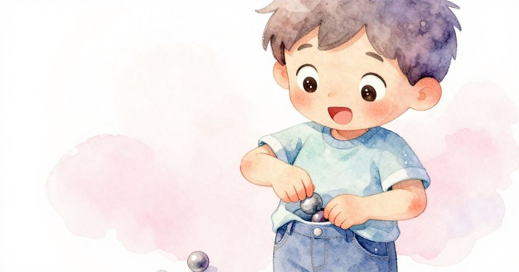 Leo面露喜悅將兩顆彈珠輕放入深口袋,細緻布料覆蓋寶物,臉上流露出滿足與慶賀。