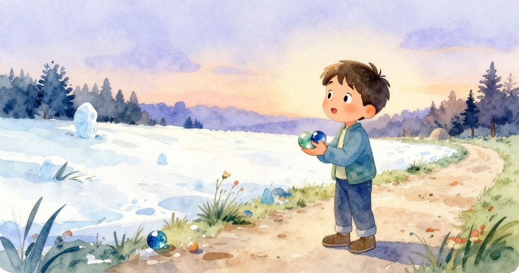 Leo站在鄉村小徑上,緊握兩顆彈珠凝視前方,夕陽柔光下充滿溫馨與再會冒險的情愫。