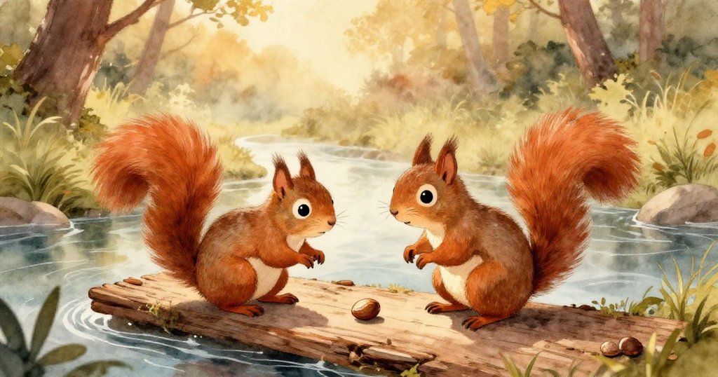 Sammy在清晨薄霧中注視著流動水邊的木板上堅果，背景呈現溫暖夏日天空與綠草，充滿好奇與期待。