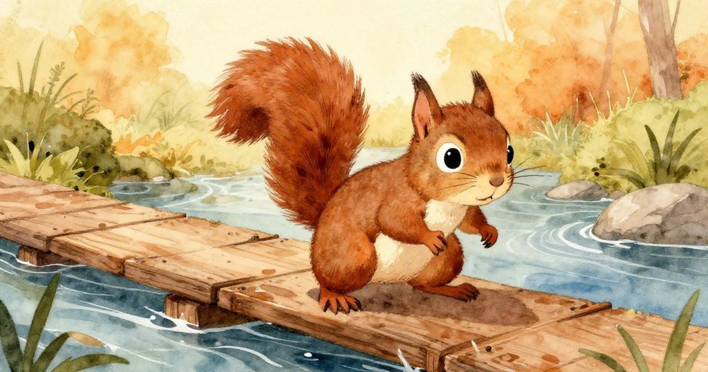 Sammy小心踏上濕潤木板，溫暖陽光灑在流水和木板上，展現堅定信心與冒險精神。