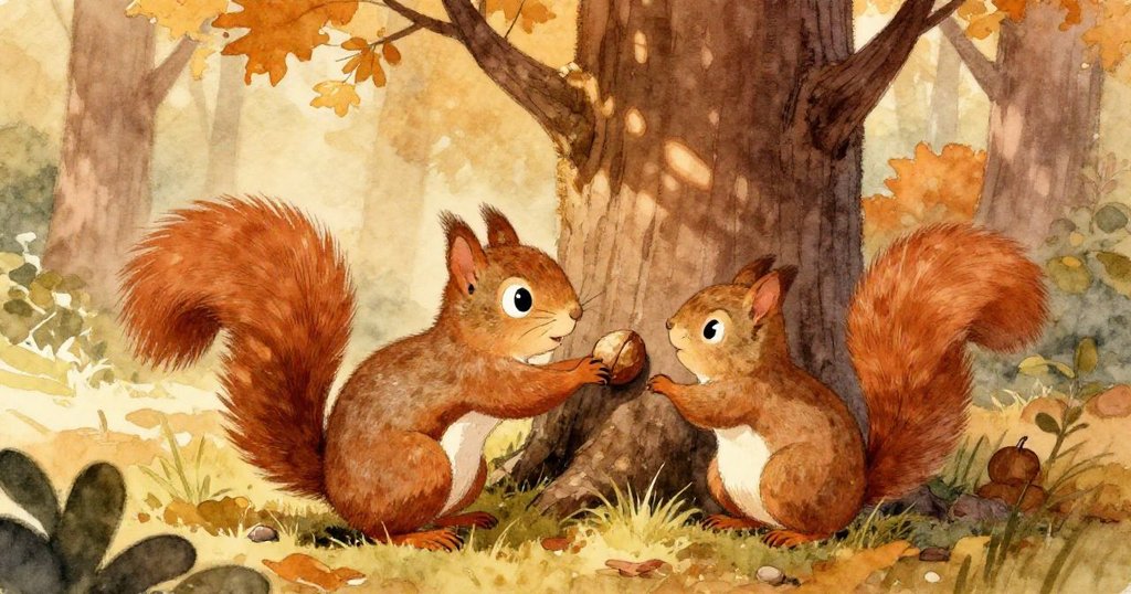 Sammy背影出現在高大樹旁，專心用爪子推堅果，陽光透過樹葉灑下，展現溫柔冒險情懷。