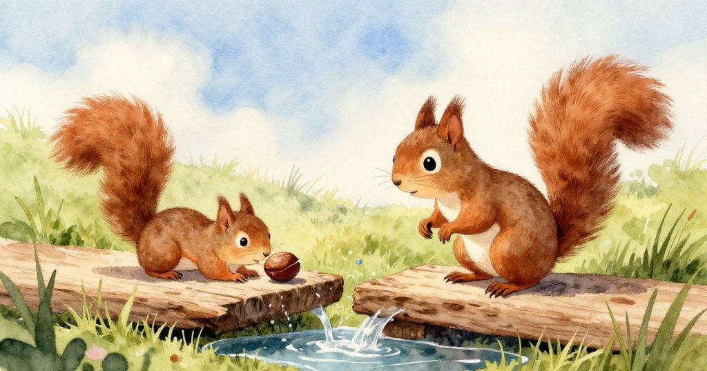 在流動溪水中，一片大葉托著堅果順流而下，水面閃爍著光芒，Sammy在背景關切觀察，富有故事情感。