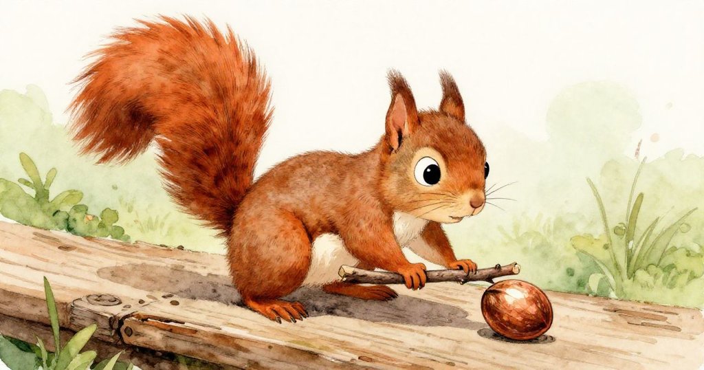 Sammy用細枝努力推動堅果，神情專注略帶掙扎，背景木板與自然細節營造冒險氣息。