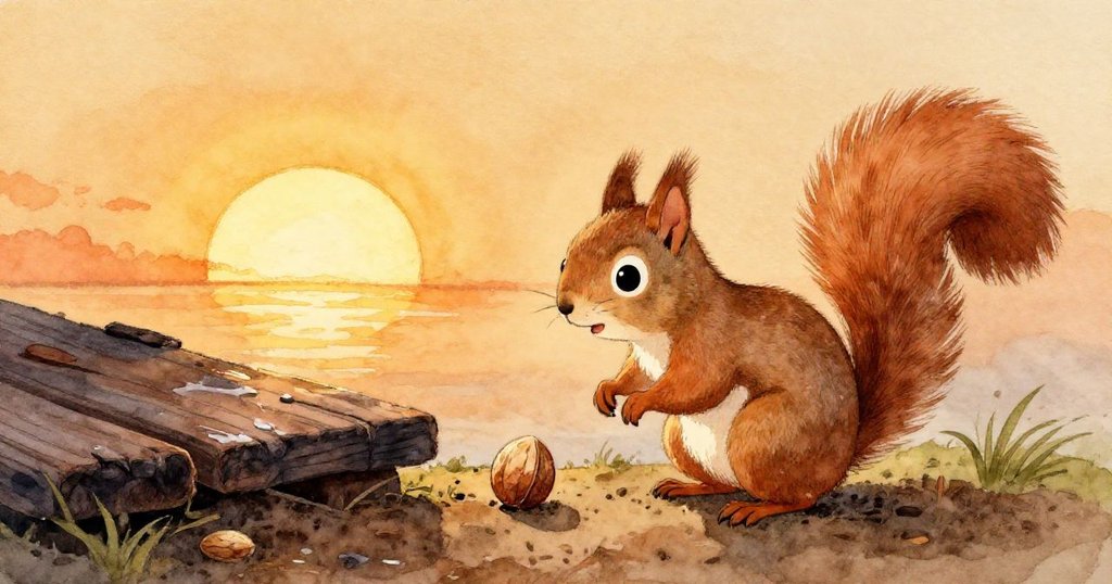 Sammy滿懷喜悅望著堅果安全抵達乾燥地面，夕陽金光映照濕潤深色木板，呈現溫馨完結的冒險旅程。