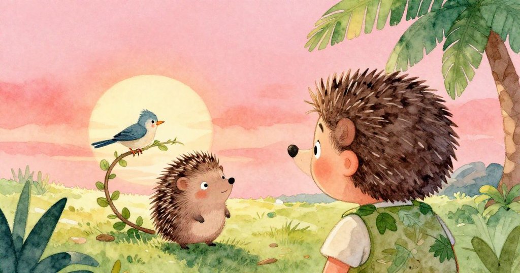 從米洛背後望去，他充滿關懷地向纏繞藤蔓的小鳥靠近，展現出救助的緊迫與柔情。