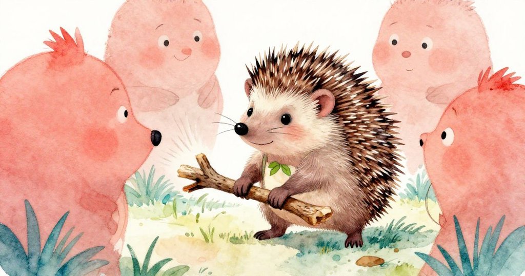 米洛彎下身收集堅硬的小樹枝，用堅定的神情扭動樹枝，展現了他拯救小鳥的決心。