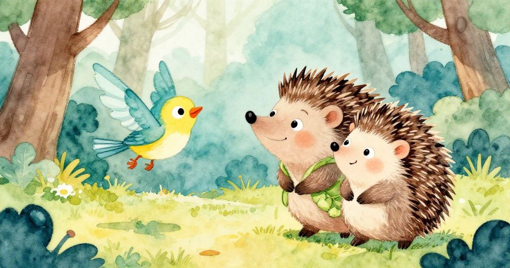 小鳥振翅高飛，展現自由喜悅，米洛靜靜守候，滿心溫暖與感激，森林中洋溢著和諧與希望。