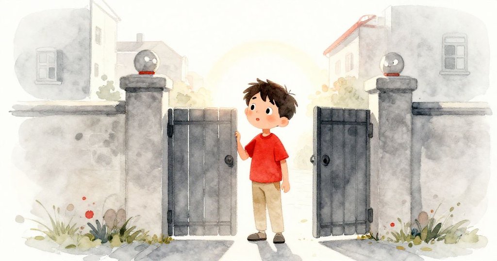 班在家門口迎著溫暖陽光,期待展開新冒險,背景有柔和光線與寧靜街景。