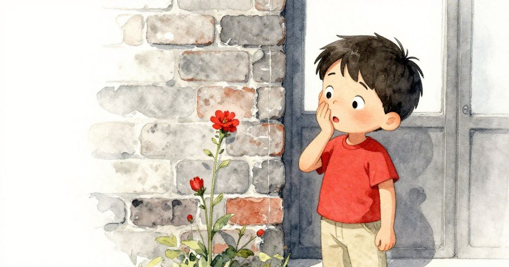 班在復古磚牆前輕輕點頭欣賞,一朵鮮紅花朵從老磚中盛開,彰顯歷史與自然之美。