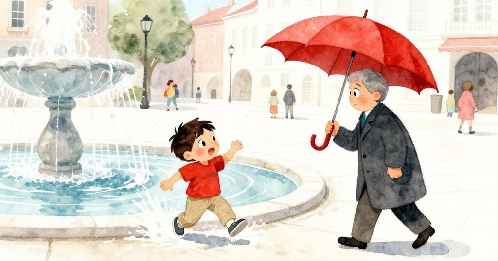 班從背後閃避噴水池的水花,一旁醫生撐著紅傘從容走過,展現熱鬧都市場景。