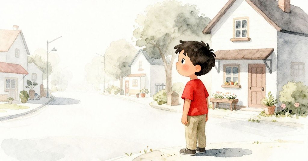 班在廣場邊緣停下轉身,準備回到溫馨家園,背景呈現舒適小區與柔和光影,流露沈思情懷。