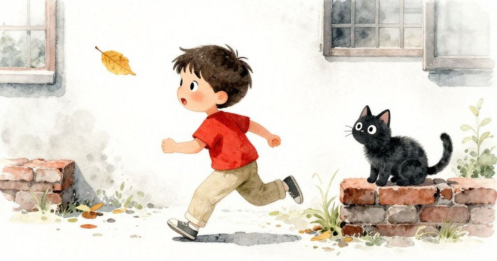 班在歸途中好奇地望著漂浮的黃葉和磚上悠然坐著的小貓,展現探索城市細節的喜悅。
