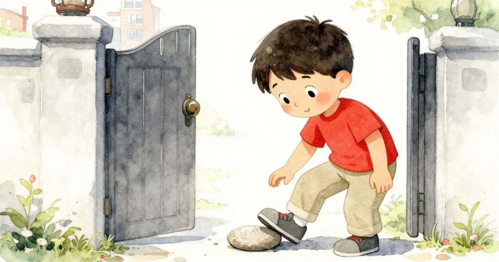 班回到家門口仔細觀察鞋旁平整的石頭,露出滿足微笑,展現平靜歸途後的安然與溫暖情懷。